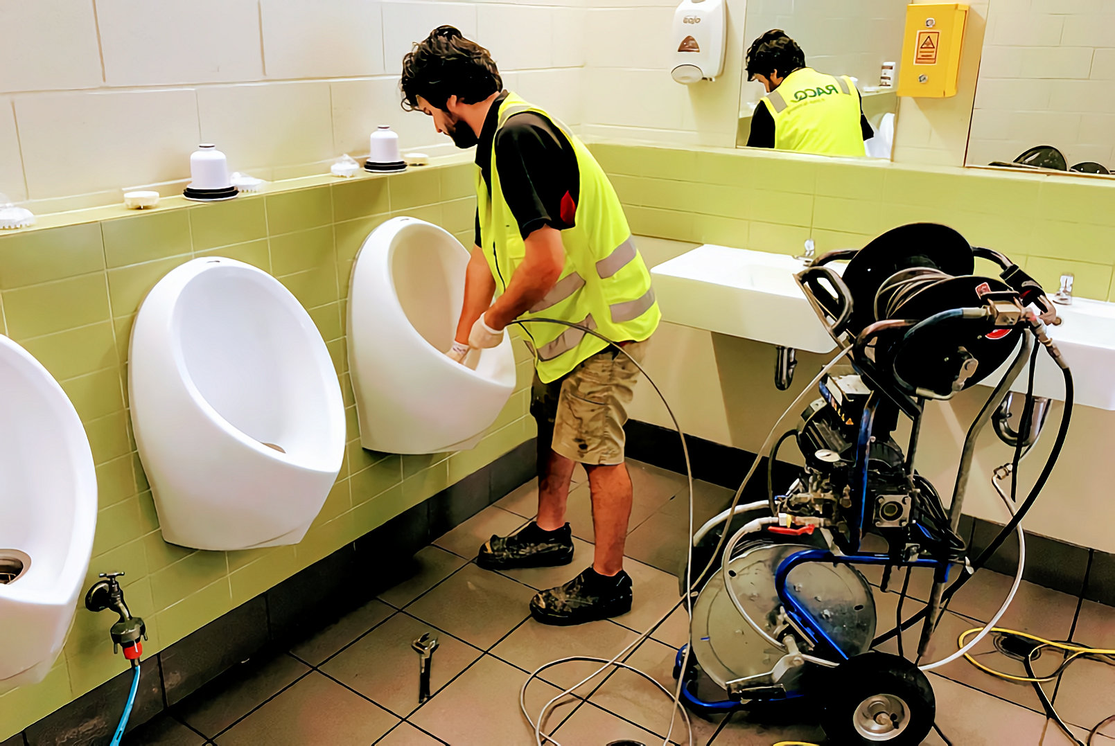 ZF201 ZeroFlush waterless urinals at Pat Rafter Arena being serviced by Whywait Plumbing